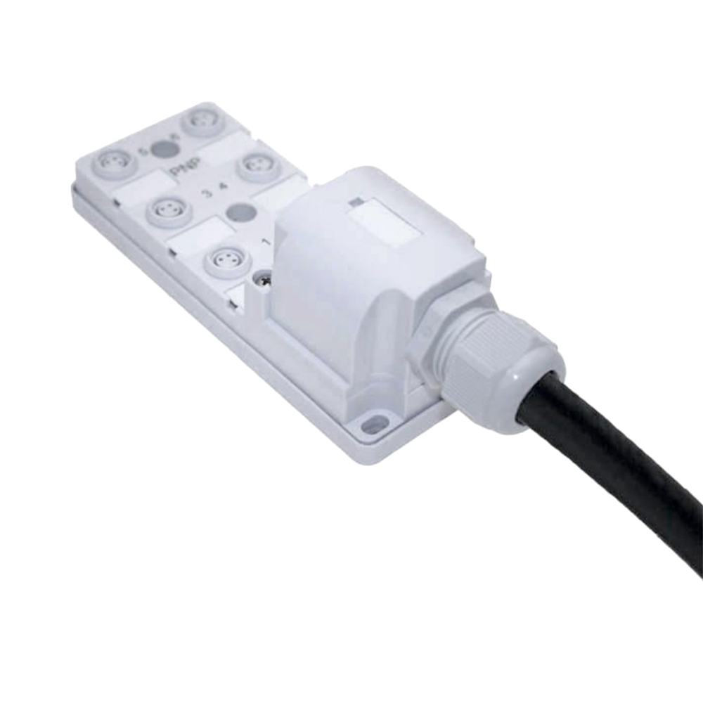 JAN-63P-208-C100 MENCOM JUNCTION BLOCK<br>6-3 PIN M8 / 10M SIDE EXIT PUR BK 48VAC PNP LED